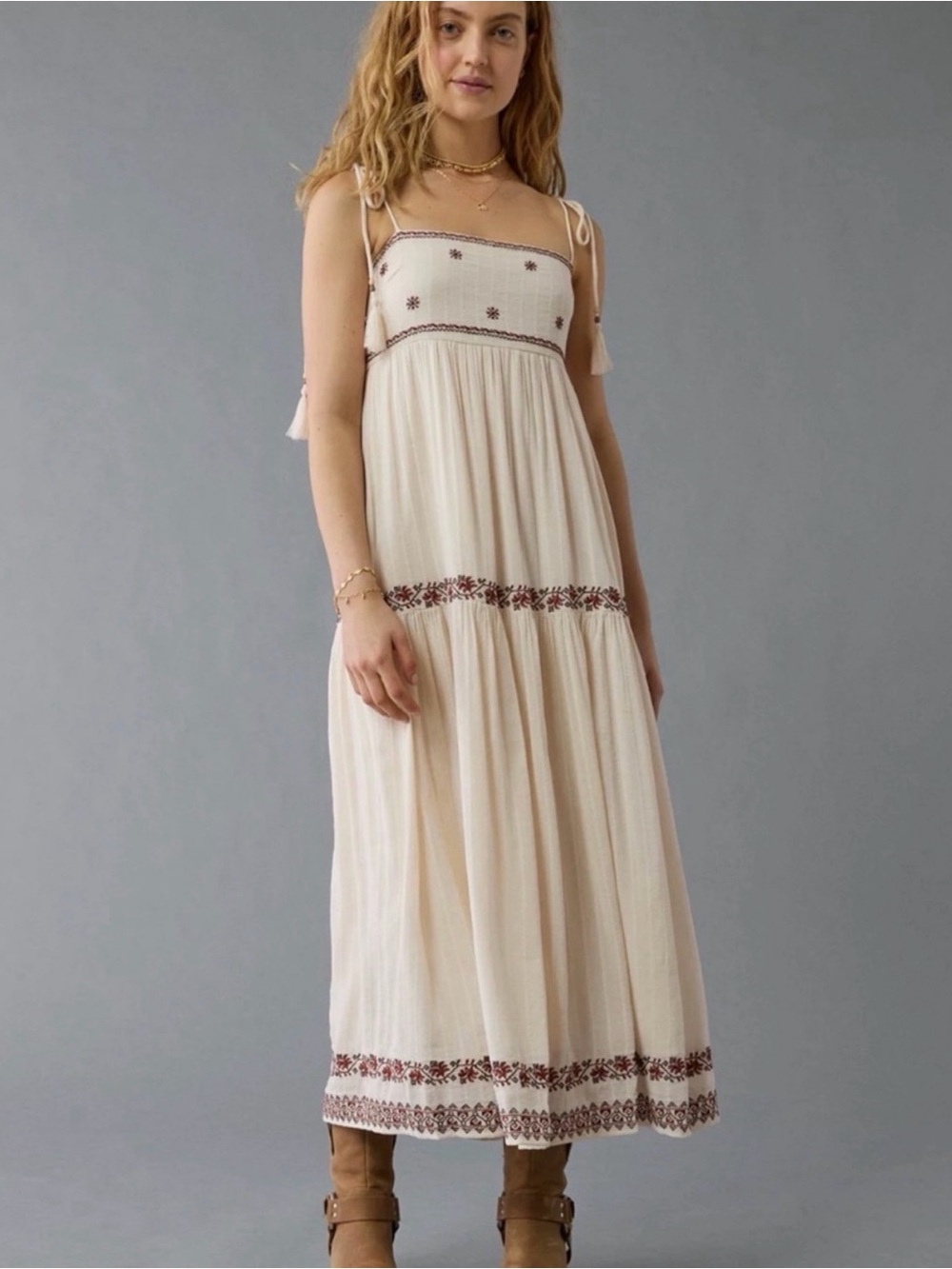 Nwt American Eagle Neutral Embroidered Boho Dress